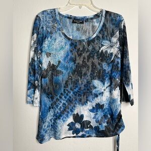 Knit Chic Lifestyle Blue Print Semi-Sheer Top w/ Subtle Bling Size PXL